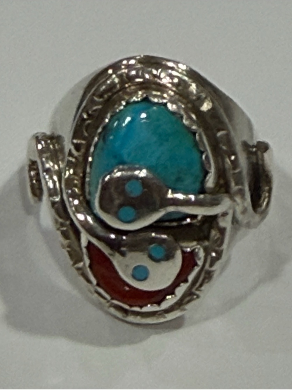 Effie C Handcrafted Silver Turquoise and Coral Snake Ring